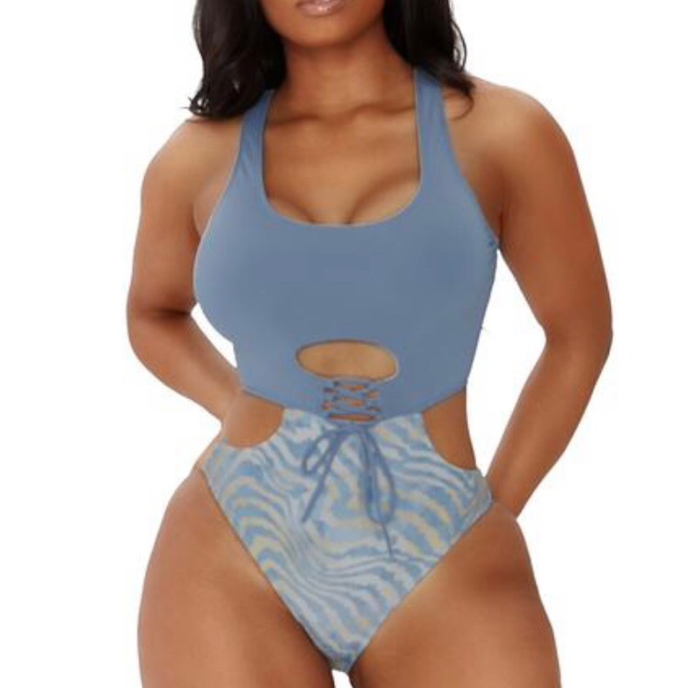 Blue zebra print swimsuit with cutouts